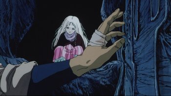 Movie still from “Angel's Egg” (1985), directed by Mamoru Oshii – An animated scene of a woman sitting on a wall and an arm with bandages on it; Medium shot, Low angle