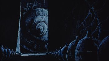 Movie still from “Angel's Egg” (1985), directed by Mamoru Oshii – A painting of a snail shell in the dark; Extreme Wide shot, Low angle