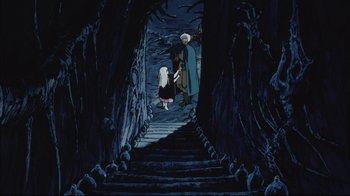 Movie still from “Angel's Egg” (1985), directed by Mamoru Oshii – A scene from the animated film the little mermaid; Wide shot, High angle