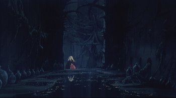 Movie still from “Angel's Egg” (1985), directed by Mamoru Oshii – A scene from the animated film the princess and the frog; Extreme Wide shot, High angle