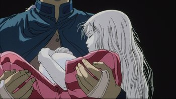 Movie still from “Angel's Egg” (1985), directed by Mamoru Oshii – An animated scene of a woman holding a baby; Close Up shot, Low angle