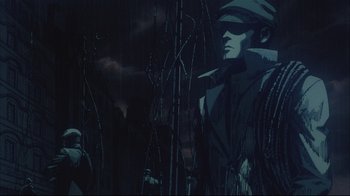 Movie still from “Angel's Egg” (1985), directed by Mamoru Oshii – A painting of a man in a hat and a trench coat in the woods; Medium shot, Low angle