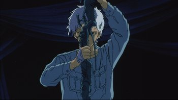 Movie still from “Angel's Egg” (1985), directed by Mamoru Oshii – An animated man holding onto a pole with two hands; Medium shot, Low angle