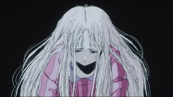 Movie still from “Angel's Egg” (1985), directed by Mamoru Oshii – A woman with long white hair sitting in front of a black background; Close Up shot, Low angle