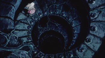 Movie still from “Angel's Egg” (1985), directed by Mamoru Oshii – An image of a girl in a dress in a spiral; Extreme Wide shot, Overhead angle
