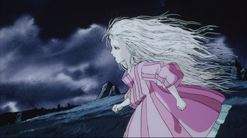 Movie still from “Angel's Egg” (1985), directed by Mamoru Oshii – A painting of a young girl in a pink dress; Medium shot, High angle