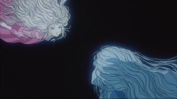 Movie still from “Angel's Egg” (1985), directed by Mamoru Oshii – Two women with long , white , flowing hair in the dark; Close Up shot, Low angle