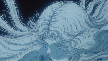 Movie still from “Angel's Egg” (1985), directed by Mamoru Oshii – An illustration of a woman with long white hair; Close Up shot, Low angle