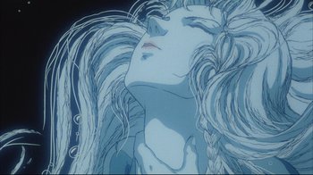 Movie still from “Angel's Egg” (1985), directed by Mamoru Oshii – A painting of a woman with long white hair; Close Up shot, Low angle