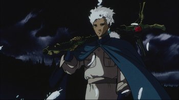 Movie still from “Angel's Egg” (1985), directed by Mamoru Oshii – An animated character is holding a flute in his hands; Medium shot, Low angle
