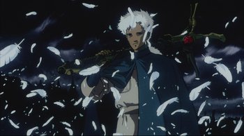 Movie still from “Angel's Egg” (1985), directed by Mamoru Oshii – An animated man with white hair standing next to a bunch of white feathers; Medium shot, Low angle