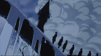 Movie still from “Angel's Egg” (1985), directed by Mamoru Oshii – A painting of people walking on a street; Extreme Wide shot, Low angle