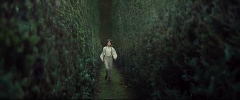 Movie still from “Anna Karenina” (2012), directed by Joe Wright – A person walking through a tunnel of bushes; Wide shot, High angle