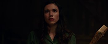 Movie still from “Annabelle: Creation” (2017), directed by David F. Sandberg – A woman with long dark curly hair wearing a green shirt; Close Up shot, Over the shoulder angle