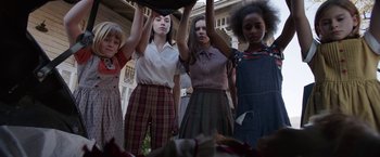 Movie still from “Annabelle: Creation” (2017), directed by David F. Sandberg – A group of young women standing next to each other; Medium shot, Low angle