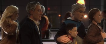 Movie still from “Anomalisa” (2015), directed by Duke Johnson – A group of people that are standing in a room together; Close Up shot, Over the shoulder angle