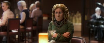 Movie still from “Anomalisa” (2015), directed by Duke Johnson – A woman sitting at a table with a glass of wine; Close Up shot, Over the shoulder angle