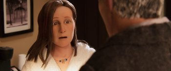 Movie still from “Anomalisa” (2015), directed by Duke Johnson – A woman is looking in the mirror with her eyes closed; Close Up shot, Over the shoulder angle