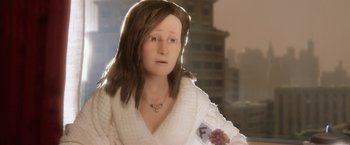 Movie still from “Anomalisa” (2015), directed by Duke Johnson – A woman in a white sweater holding a purple flower; Close Up shot, Over the shoulder angle