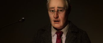 Movie still from “Anomalisa” (2015), directed by Duke Johnson – An old man wearing a suit and tie; Close Up shot, Low angle