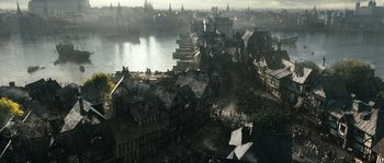 Movie still from “Anonymous” (2011), directed by Roland Emmerich – An aerial view of a city with a river in the background; Extreme Wide shot, High angle