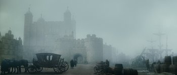 Movie still from “Anonymous” (2011), directed by Roland Emmerich – A castle in the middle of the fog with a horse and carriage in front of it; Extreme Wide shot, Low angle