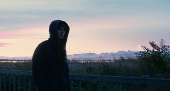 Movie still from “Another Earth” (2011), directed by Mike Cahill – A person standing on top of a wooden railing near a field; Medium shot, Low angle