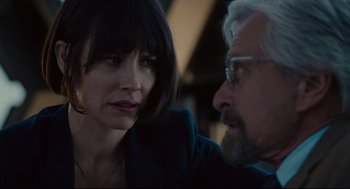 Movie still from “Ant-Man” (2015), directed by Peyton Reed – An older man and a younger woman are talking together; Close Up shot, Over the shoulder angle