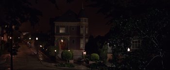 Movie still from “Ant-Man and the Wasp” (2018), directed by Peyton Reed – A house that is lit up at night time; Extreme Wide shot, High angle