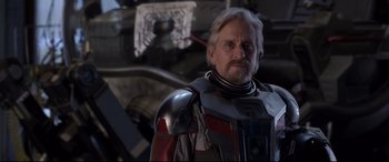Movie still from “Ant-Man and the Wasp” (2018), directed by Peyton Reed – An older man in a suit and helmet; Close Up shot, Over the shoulder angle