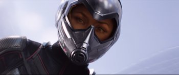 Movie still from “Ant-Man and the Wasp” (2018), directed by Peyton Reed – A person wearing a helmet; Close Up shot, Low angle