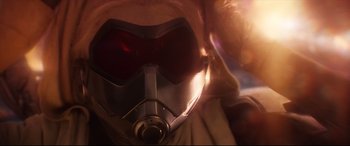 Movie still from “Ant-Man and the Wasp” (2018), directed by Peyton Reed – A person's face wearing a helmet; Extreme Close Up shot, Low angle