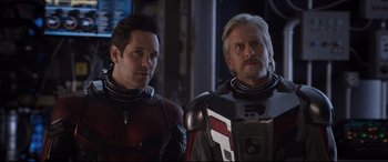 Movie still from “Ant-Man and the Wasp” (2018), directed by Peyton Reed – A man and a woman standing next to each other; Medium shot, Over the shoulder angle