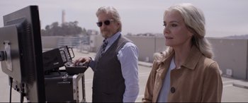 Movie still from “Ant-Man and the Wasp” (2018), directed by Peyton Reed – A man and a woman standing next to each other; Medium shot, Over the shoulder angle