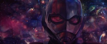 Movie still from “Ant-Man and the Wasp” (2018), directed by Peyton Reed – The face of a man in a helmet; Close Up shot, Low angle