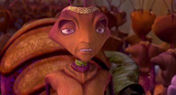 Movie still from “Antz” (1998), directed by Tim Johnson – An animated character with purple eyes is looking at the camera; Extreme Close Up shot, High angle