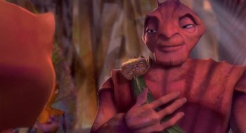 Movie still from “Antz” (1998), directed by Tim Johnson – An image of an animated character holding a flower; Medium shot, High angle