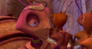 Movie still from “Antz” (1998), directed by Tim Johnson – The head of an animated character; Close Up shot, Over the shoulder angle