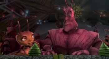 Movie still from “Antz” (1998), directed by Tim Johnson – A couple of bugs sitting next to each other on top of a table; Medium shot, High angle