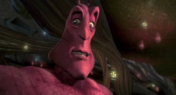 Movie still from “Antz” (1998), directed by Tim Johnson – A person's face in the shape of an ant; Close Up shot, High angle