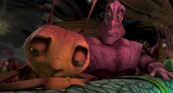 Movie still from “Antz” (1998), directed by Tim Johnson – A couple of cartoon characters sitting next to each other; Extreme Close Up shot, High angle