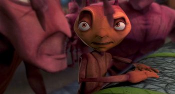 Movie still from “Antz” (1998), directed by Tim Johnson – An image of an animated character looking at the camera; Extreme Close Up shot, High angle