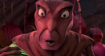Movie still from “Antz” (1998), directed by Tim Johnson – An image of an animated creature with big eyes; Extreme Close Up shot, High angle