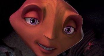 Movie still from “Antz” (1998), directed by Tim Johnson – View of a person's face with purple eyes; Extreme Close Up shot, High angle