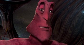 Movie still from “Antz” (1998), directed by Tim Johnson – A person's face in a cartoon; Close Up shot, High angle