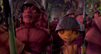 Movie still from “Antz” (1998), directed by Tim Johnson – A group of people in a field with plants and trees; Close Up shot, High angle