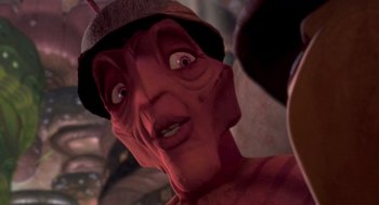 Movie still from “Antz” (1998), directed by Tim Johnson – A person wearing a hat and looking up; Extreme Close Up shot, High angle