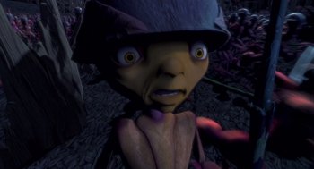Movie still from “Antz” (1998), directed by Tim Johnson – An image of an animated character with a hat on; Extreme Close Up shot, High angle