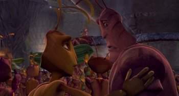 Movie still from “Antz” (1998), directed by Tim Johnson – View of two cartoon characters; Medium shot, High angle
