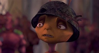 Movie still from “Antz” (1998), directed by Tim Johnson – An animated character wearing a hat and looking sad; Close Up shot, High angle
